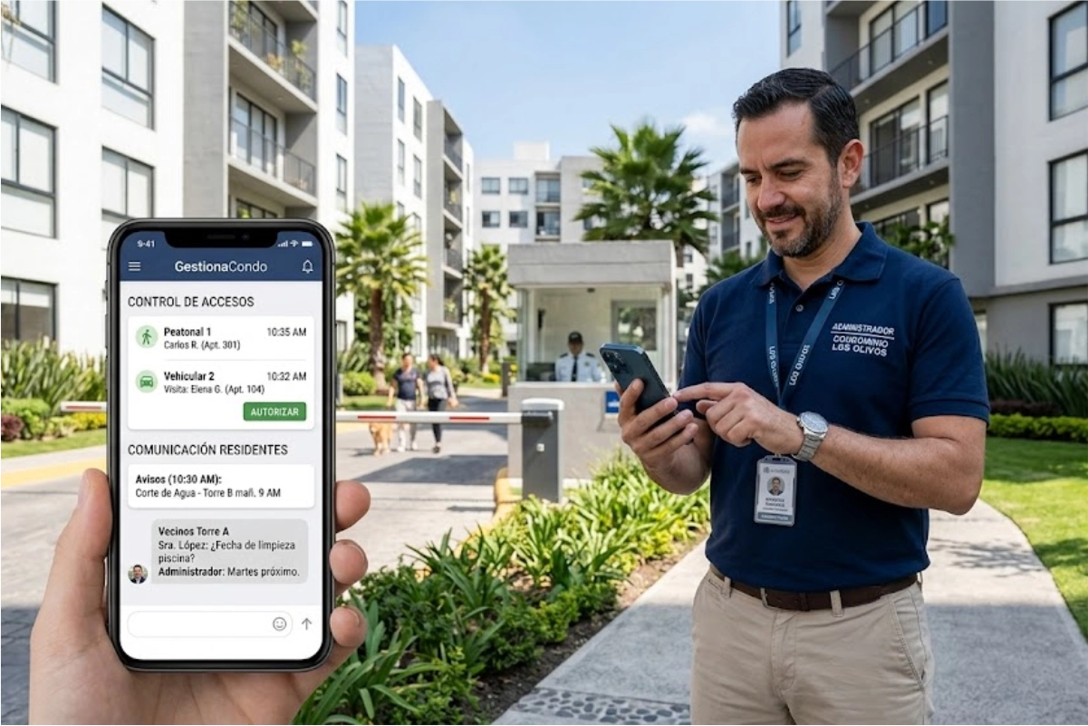Administrador de condominio controlando accesos y comunicación de residentes desde su smartphone