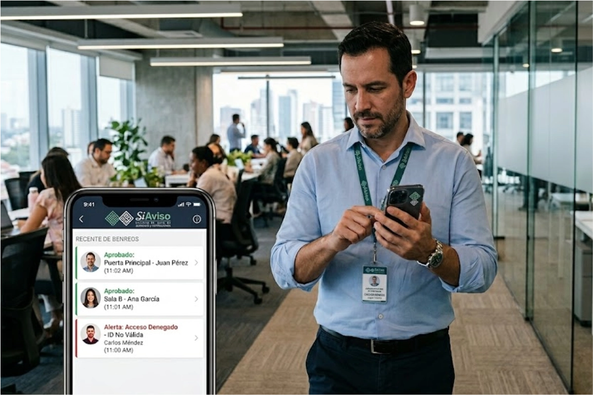 Administrador de empresa revisando notificaciones de acceso en tiempo real desde su smartphone
