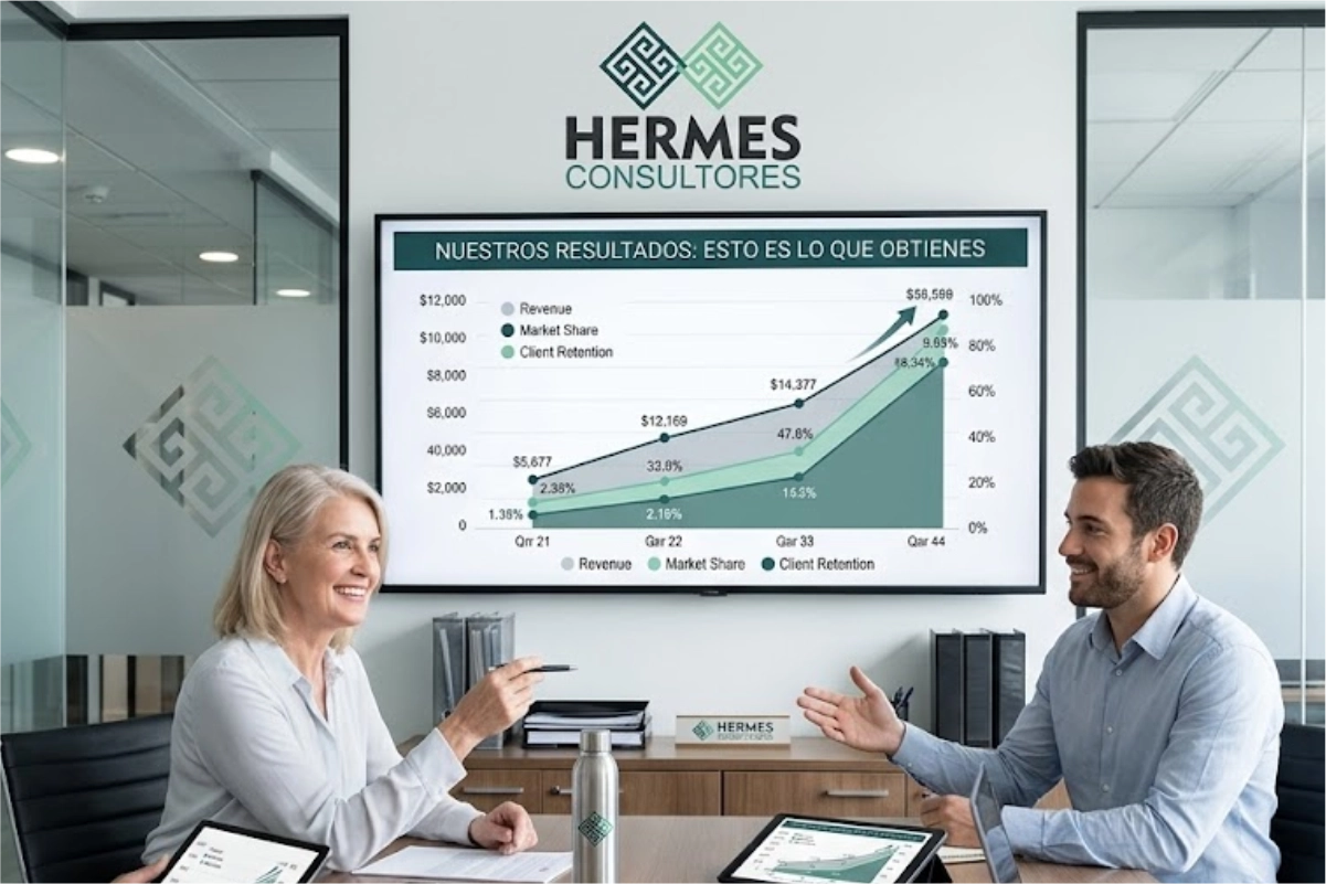 Empresario revisando resultados con Hermes Consultores