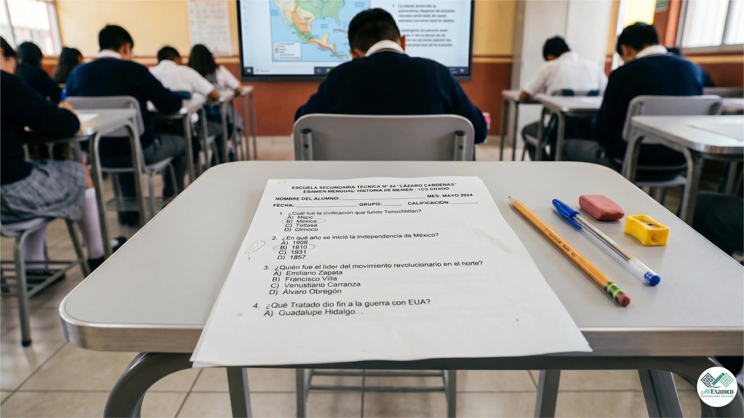 Examen impreso en pupitre de escuela