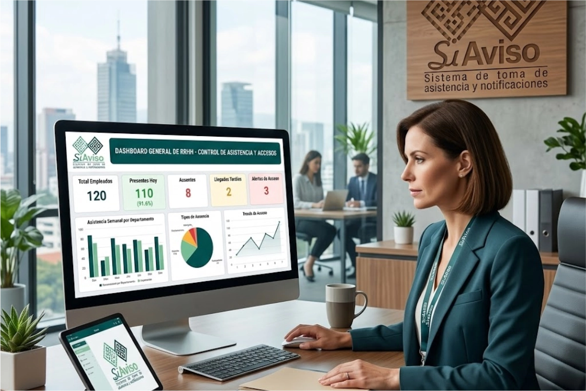 Gerente de Recursos Humanos revisando dashboard de control de accesos y asistencia del personal