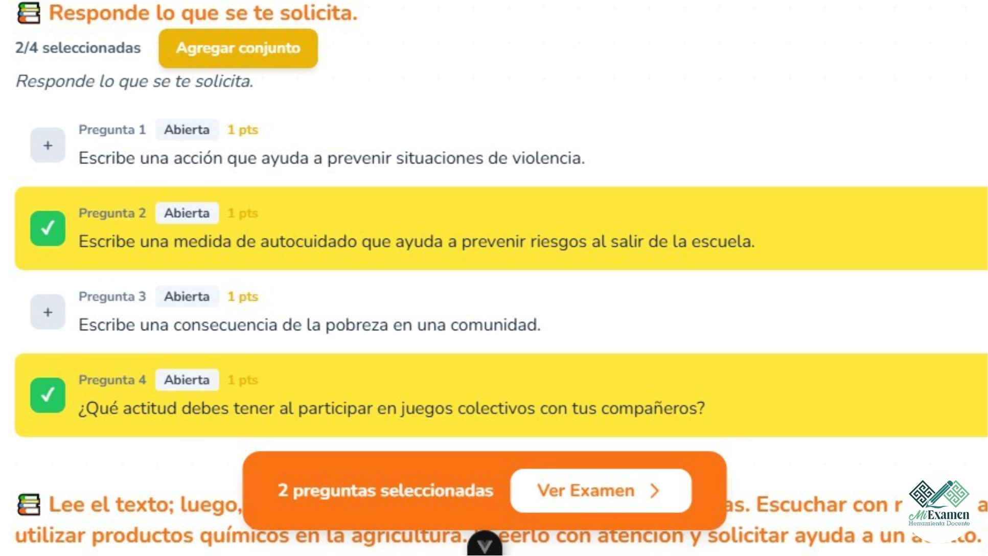 Pantalla de generación de examen