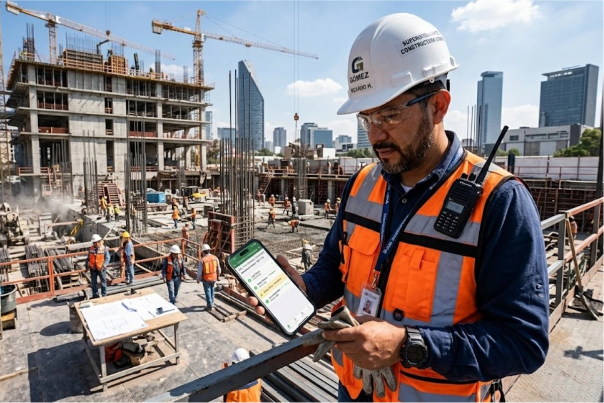 Superintendente de obra de construcción revisando asistencia de trabajadores en tiempo real desde su smartphone