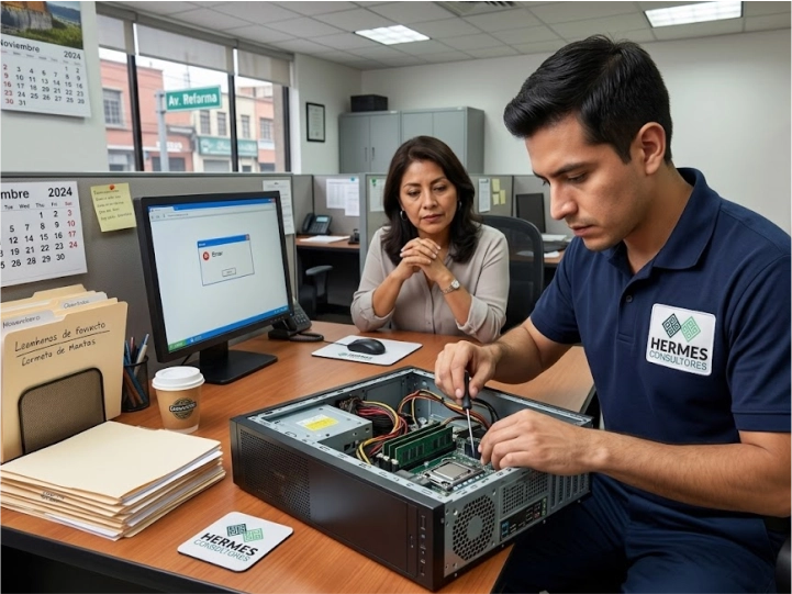 Técnico Hermes Consultores atendiendo a usuario en oficina empresarial