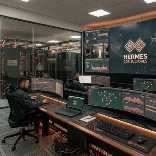 Sala de monitoreo NOC — equipo Hermes Consultores supervisando infraestructura tecnológica